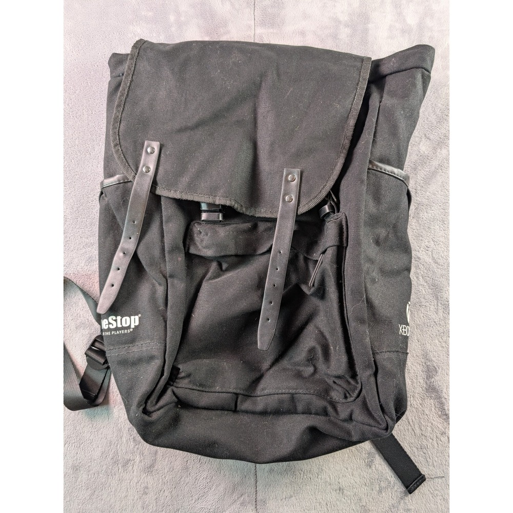 GameStop Xbox One Black Canvas Rucksack Backpack Green Interior Lining Flap Top